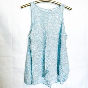 Old Navy Stenciled Floral Keyhole Tank Blue White
